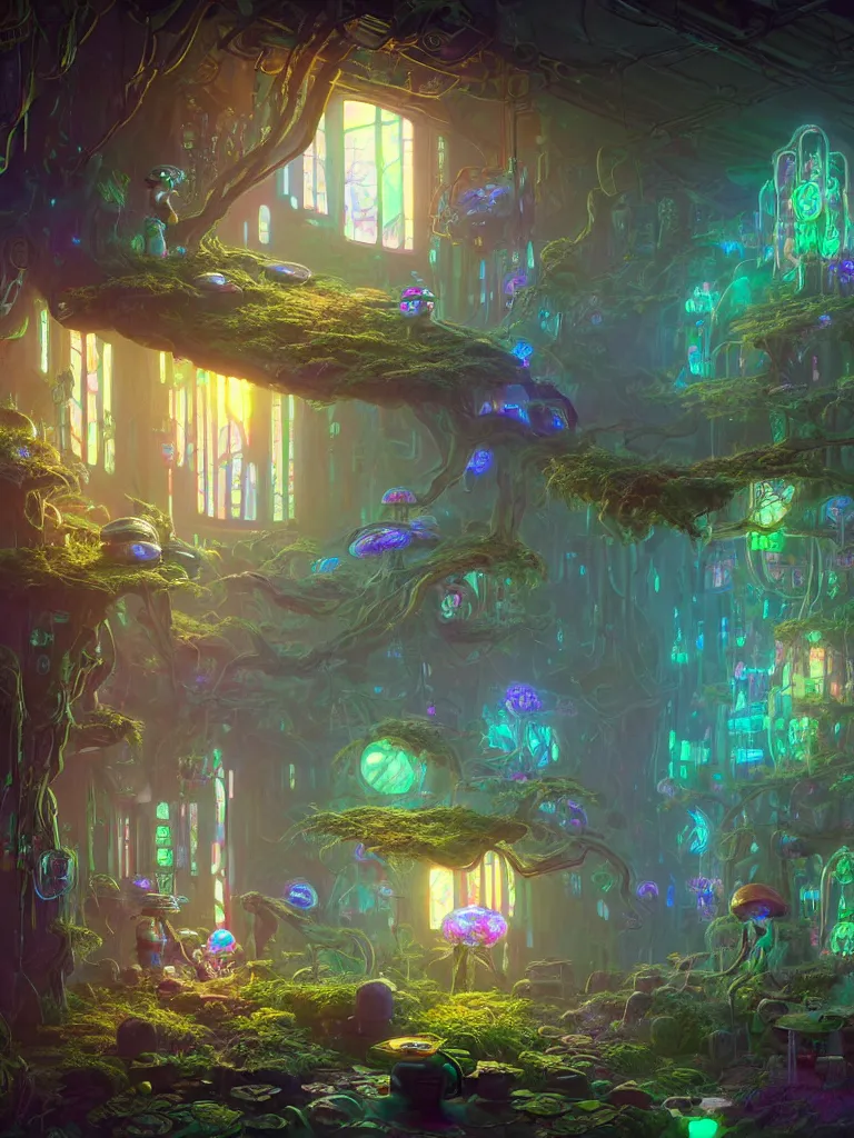 Image similar to the interior of a celestial dainty cyberpunk cottage in a bioluminescent tree trunk decorated beautifully, lots of cyberpunk design elements like toadstool mushrooms and small robots, warm sunlight shining in, lots of plants and flowers, concept art 8 k resolution, fantasy illustration, sharp focus, detailed painting, deep color, volumetric lighting, crepuscular rays