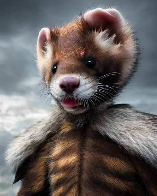 Image similar to ferret warrior, furry, fantasy, viking, high detailed, photography, cloudy, lightweight leather armour, scandinavia, plain, detailed face, look into the distance, serious face, full body, in full growth, professional photographer, masterpiece, 5 0 mm, extremely detailed, 3 d render, digital, 8 k