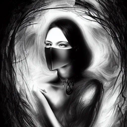 Image similar to portrait of a young beautiful woman with a mask. contemporary photograph and speed painting and fractal and mandelbulb and lines and scribble art. black and white. intricate, elegant, super highly detailed, professional digital painting, artstation, concept art, smooth, sharp focus, no blur, no dof, extreme illustration, Unreal Engine 5, Photorealism, HD quality, 8k resolution, cinema 4d, 3D, beautiful, cinematic, art by artgerm and greg rutkowski and alphonse mucha and loish and WLOP