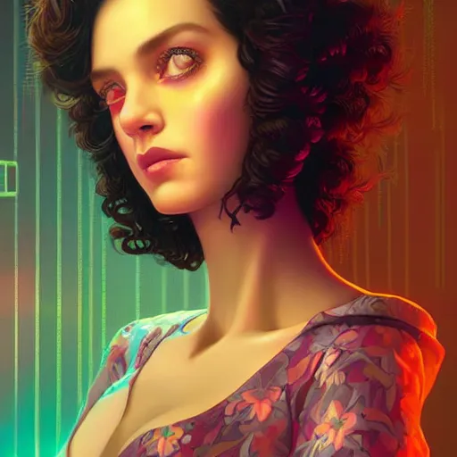 Image similar to Lofi vaporwave cyberpunk portrait woman with short brown curly hair, Pixar style, Tristan Eaton, Stanley Artgerm, Tom Bagshaw