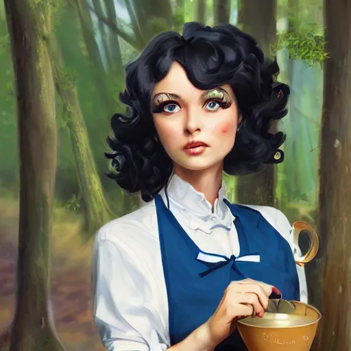 Image similar to a portrait of a 1 9 6 0 s woman with curly black hair and blue eyes, and an apron in the forest, dynamic lighting, fantasy concept art, trending on art station, stunning visuals, cinematic, ultra detailed