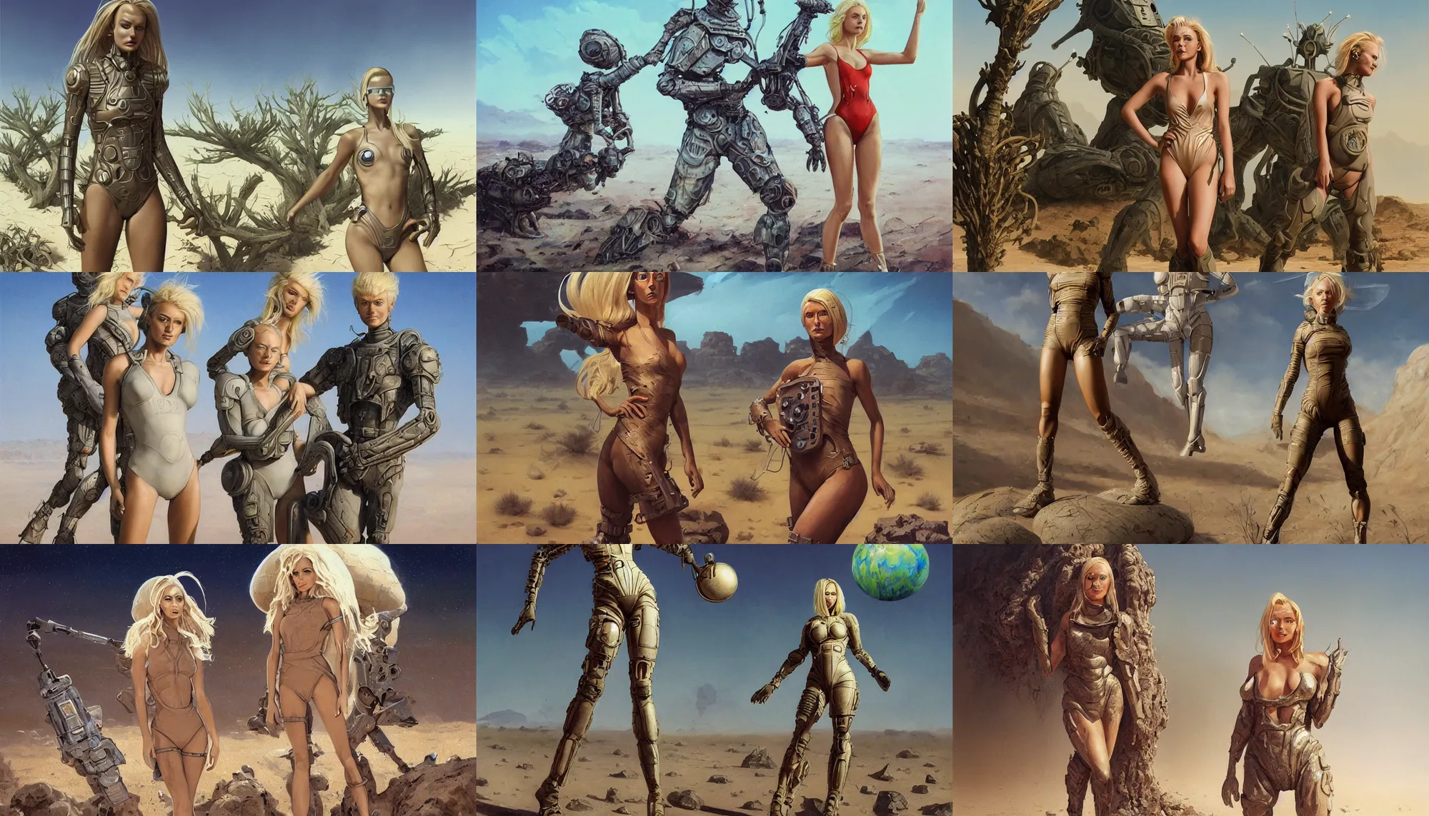 Prompt: A mixed media portrait painting of a beautiful blonde woman posing on an alien plant in a barren desert, soldier, futuristic sci-fi armored one-piece swimsuit and boots, detailed Aesthetic! face and eyes, slavic, scientist, by Beeple, Frank Frazetta, Greg Rutkowski, Christian MacNevin, Boris Vallejo, epic fantasy character art, high fantasy, CGsociety, 60's Sci-fi Pinup, exquisite detail, post-processing, masterpiece, cinematic, crysis