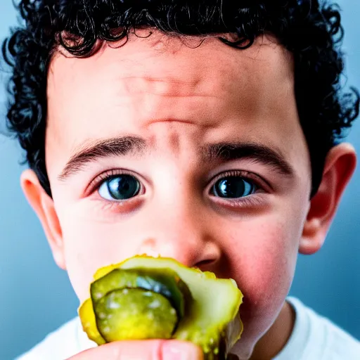 Prompt: fred savage eating a pickle, ( sony a 7 r iv, symmetric balance, polarizing filter, photolab, lightroom, 4 k, dolby vision, photography awardm, voque, perfect face )