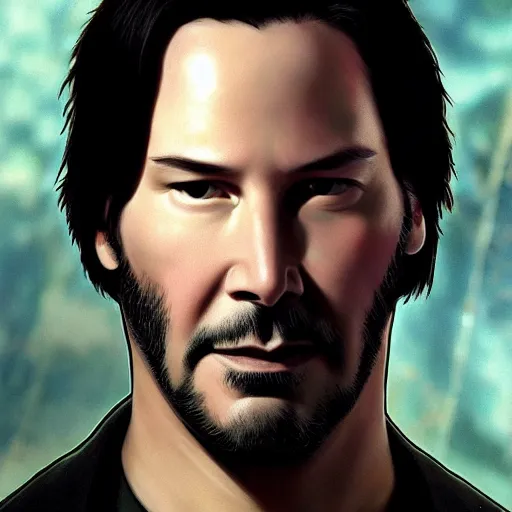 Image similar to Keanu Reeves in Matrix, highly detailed, digital painting, artstation, concept art, smooth, sharp focus, illustration, ArtStation, art by artgerm and greg rutkowski and alphonse mucha and J. C. Leyendecker and Edmund Blair Leighton and Katsuhiro Otomo and Geof Darrow and Phil hale and Ashley wood and Ilya repin and Charlie Bowater