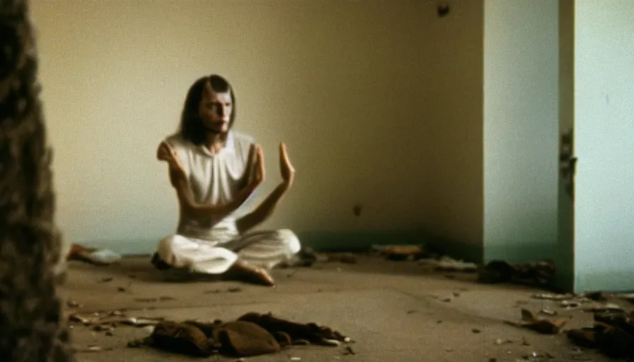 Image similar to 7 0 s film still from a horror movie about a person meditating inside of an abandoned mental hospital, kodachrome, cinecolor, cinestill, film grain, film texture, retro, cinematic, high resolution, photorealism,