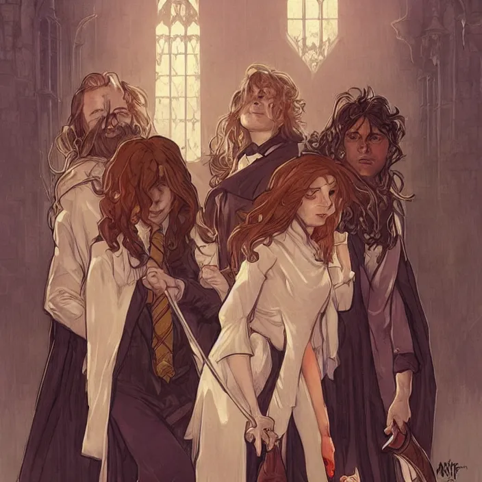 Prompt: harry, hermione and ron during their first year at hogwarts by artgerm, greg rutkowski, alphonse mucha