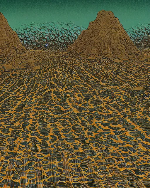 Image similar to bioremediation in the vast desert by woodblock print, nicolas delort, moebius, victo ngai, josan gonzalez, kilian eng
