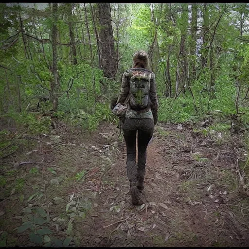 Prompt: wild woman trail cam photo