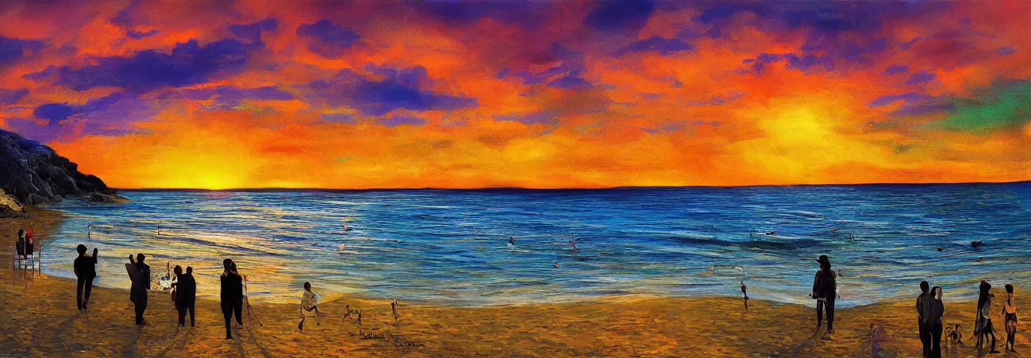 Image similar to People in beach, beach is between the two valleys, by Salvador Dali and Bob Ross collaboration, sun set, digital art, high details, wide shot