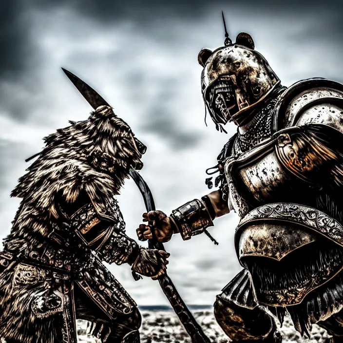 Image similar to photo of a warrior with metal putin with a bear themed armour, highly detailed, 4 k, hdr, smooth, sharp focus, high resolution, award - winning photo