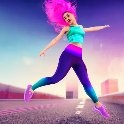 Image similar to a award winning half body shot of a beautiful woman in a croptop and leggings with a ombre purple pink teal hairstyle with head in motion and hair flying, outrun, vaporware, highly detailed, fine detail, intricate