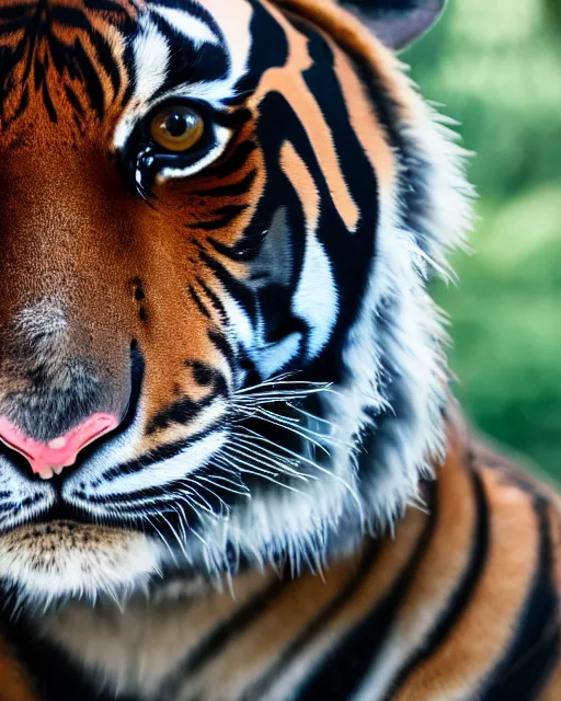 Prompt: high quality presentation photo of a tiger dressed in a suit, photography 4k, f1.8 anamorphic, bokeh, 4k, 85mm lens