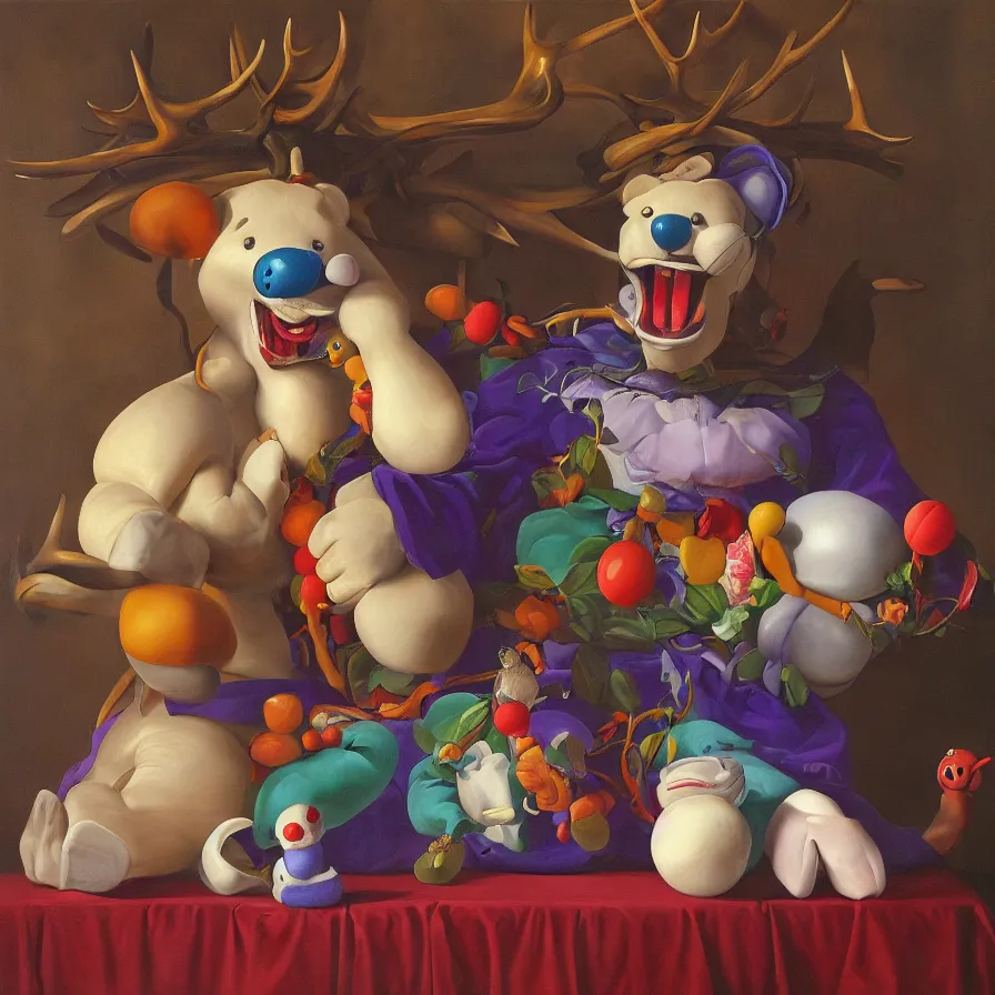 Image similar to rare hyper realistic painting by italian masters, symmetrical composition, studio lighting, dimly lit purple room, a blue rubber duck with antlers laughing at a giant laughing white bear with a clown mask