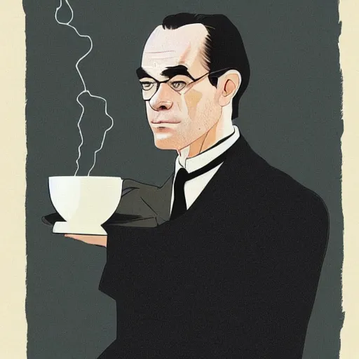 Prompt: agent smith holding a small steaming china cup of tea, romanticism style, detailed facial proportions