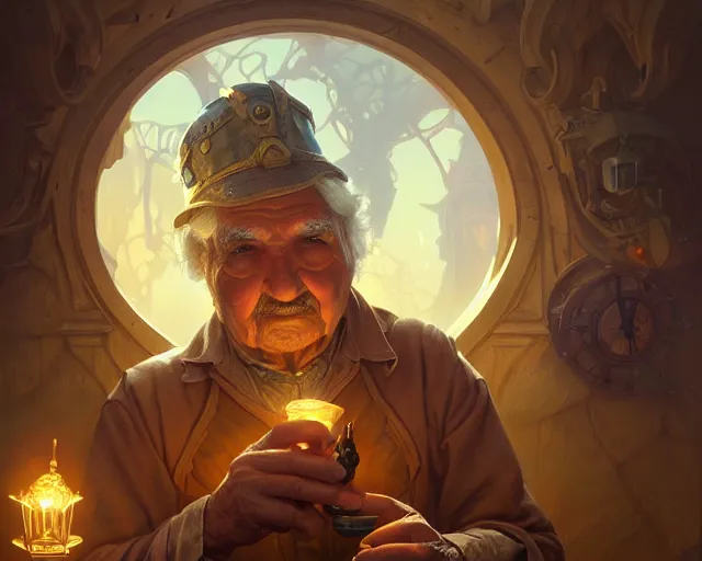 Image similar to old engineer, pepe mujica, deep focus, d & d, fantasy, intricate, elegant, highly detailed, digital painting, artstation, concept art, matte, sharp focus, illustration, hearthstone, art by artgerm and greg rutkowski and alphonse mucha