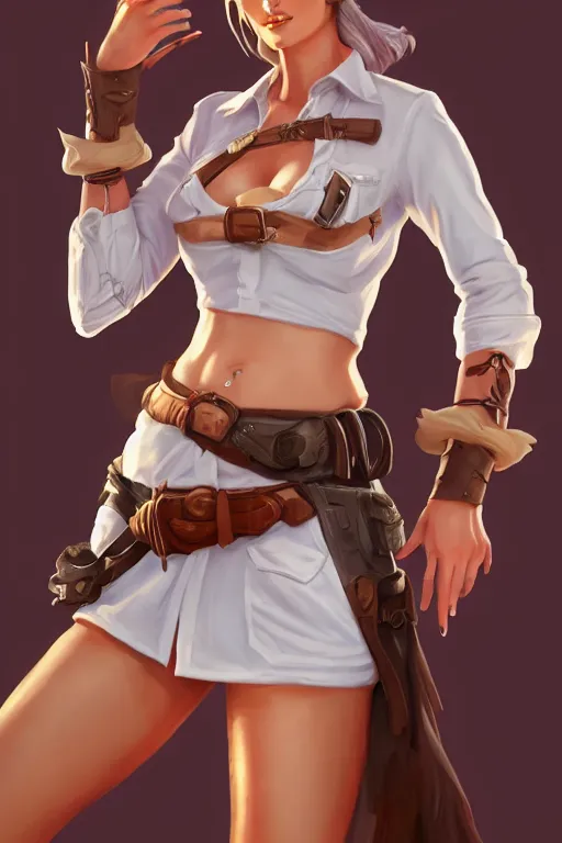 Image similar to full body, female cowgirl, perfect face, white blouse, holster, 8 k, magic the gathering, desert, d & d, artstation, high detail, smooth, muscular