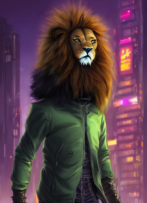 Prompt: award winning beautiful portrait commission of a male furry anthro lion fursona with a tail and a cute beautiful attractive detailed furry face wearing stylish black, green and purple cyberpunk clothes in a cyberpunk city at night while it rains. Character design by charlie bowater, ross tran, artgerm, and makoto shinkai, detailed, inked, western comic book art