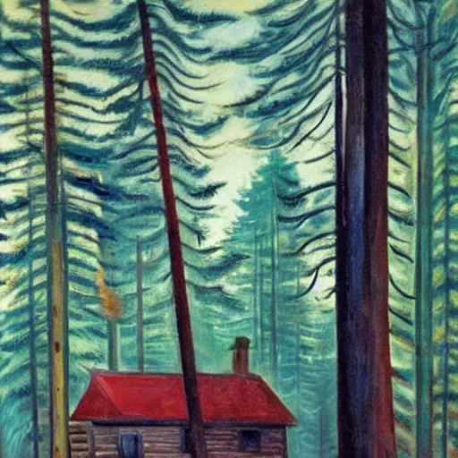 Image similar to a painting of a Eerie cabin in the middle of the woods in the Edvard Munch