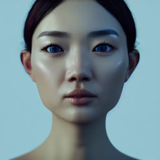 Image similar to intricate highly detailed face portrait of asian - european woman, light blue chrome vines on her face, intricate, cgsociety, unreal engine, octane render, sharp focus, smooth, volumetric lighting, cinematic composition, artstation