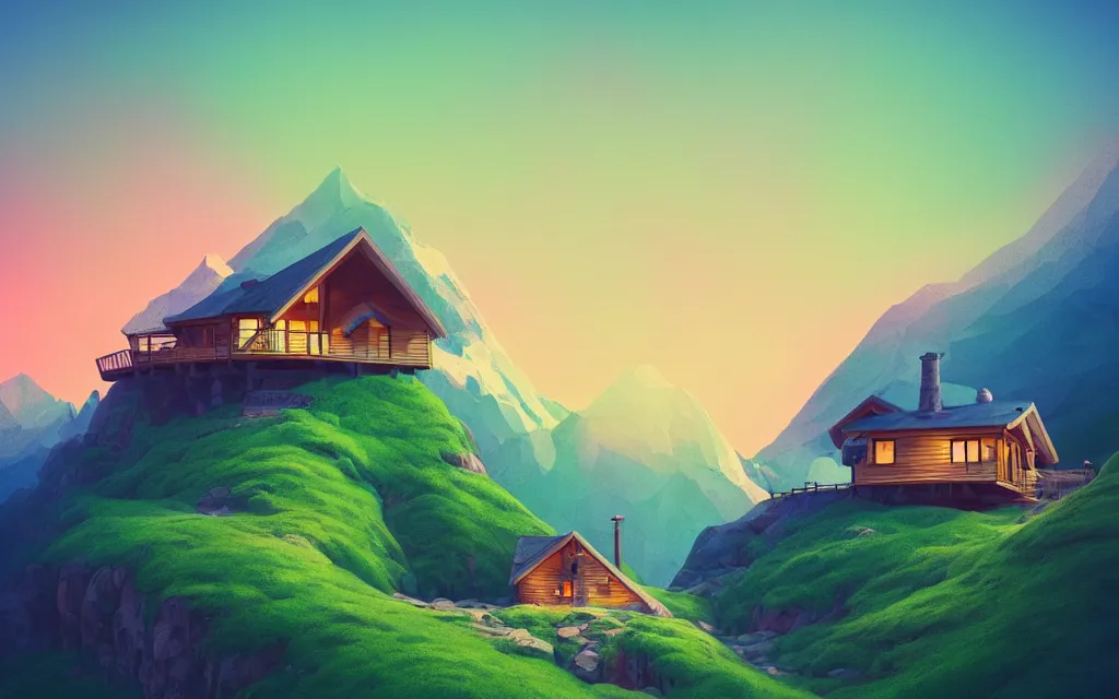 Prompt: digital illustration of a cozy cabin in the mountains, overlooking the ocean, very detailed, 4 k, 8 k, sharp focus, surrealism, art deco, vibrant color scheme, cinematic, cgsociety, trending on artstation, deviantart, by beeple