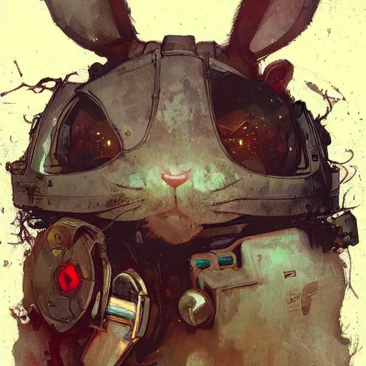 Image similar to grungy rabbit hare that is half robot illustration by greg rutkowski, thomas kindkade, alphonse mucha, cyborg bunny, norman rockwell. Trending on artstation.