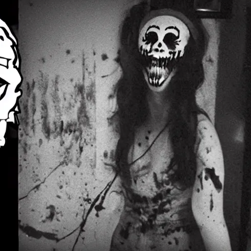 Image similar to terrifying ghost demon, found footage, brutal violence, creepypasta, slasher smile, black dahlia