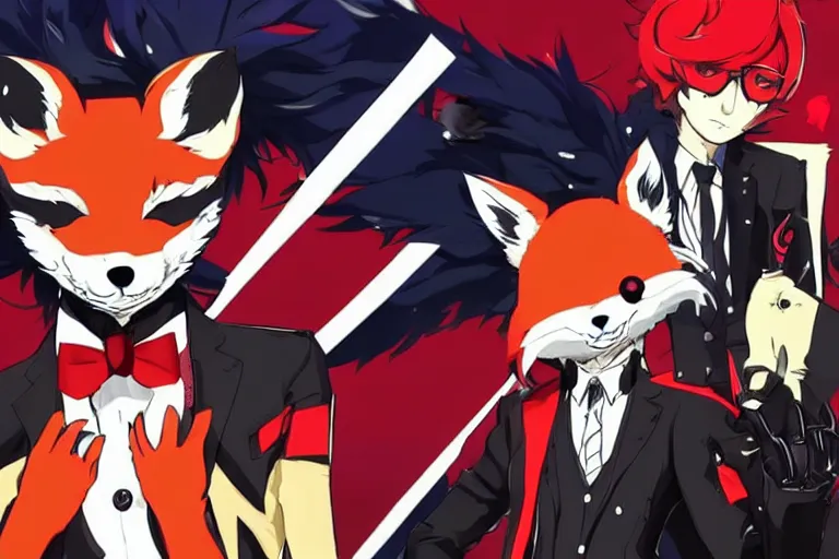 Image similar to a furry tan fox on a persona 5 : royal ( by atlus ) video game splash screen, a furry male sandcolored tan fox fursona ( has hair ), persona 5 phantom thief style