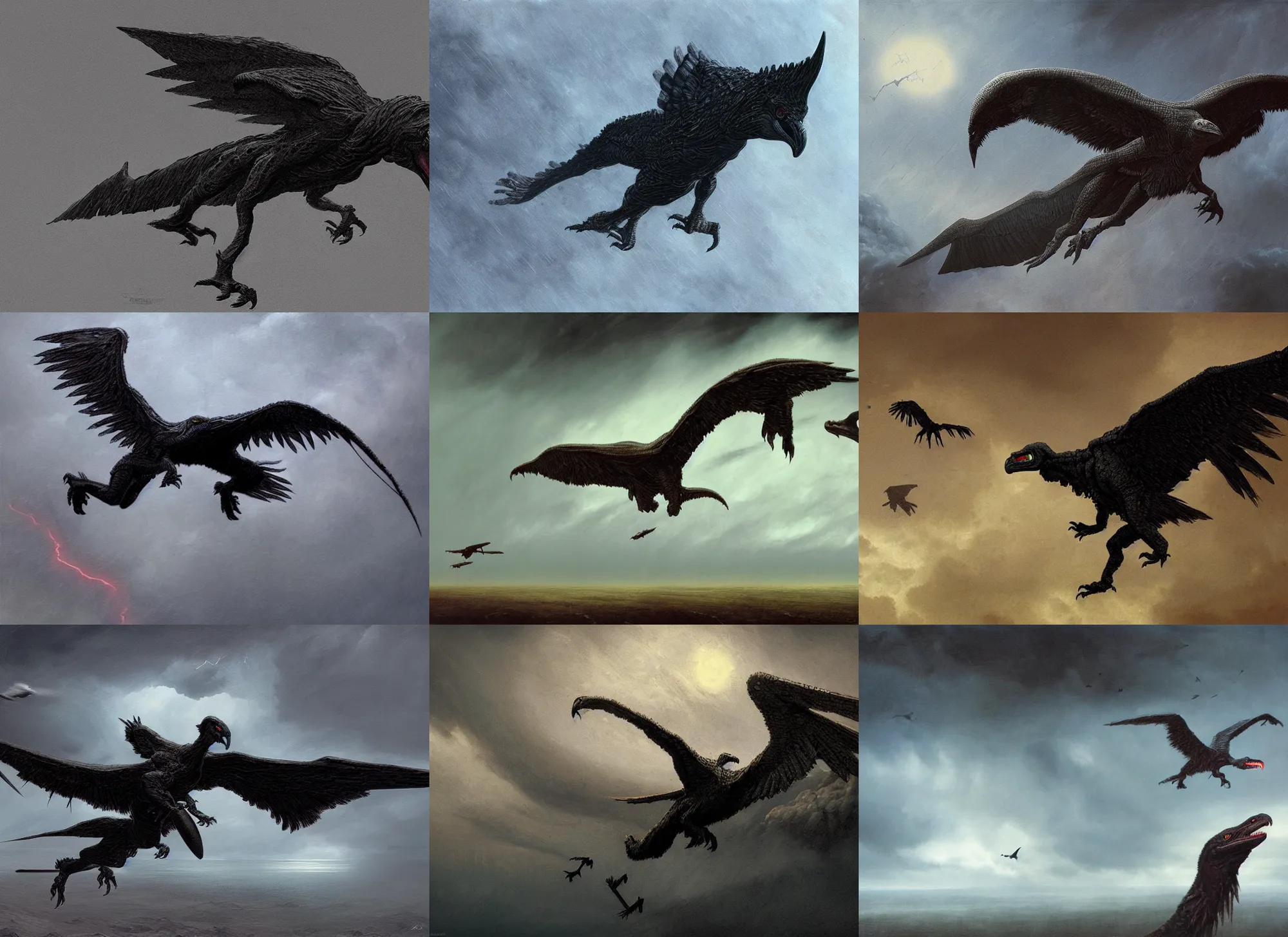 Prompt: giant black velociraptor-vulture flying in storm, intricate, highly detailed, artstation, sharp focus, illustration, rutkowski, beksinski, barlowe