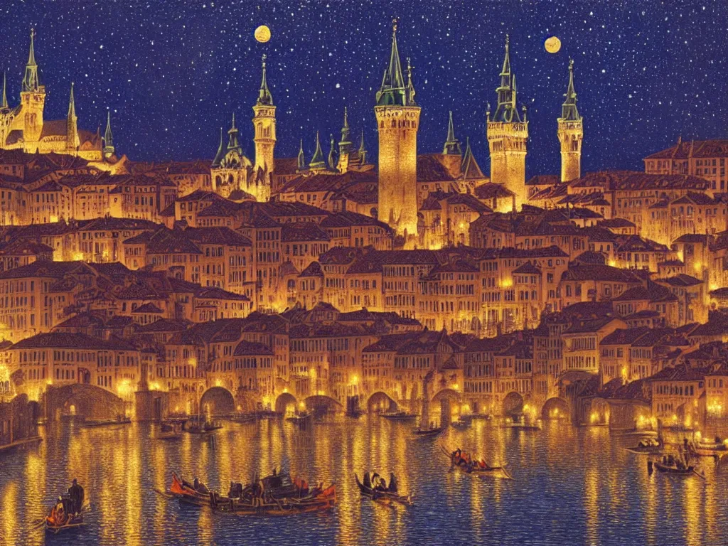 Image similar to a view of an ancient medieval castle city resembling prague castle and venice at night with a sky full of stars, intricate, elegant, highly detailed, digital painting, artstation, concept art, smooth, sharp focus, colored illustration for tattoo, art by thomas kincade and alphonse mucha,