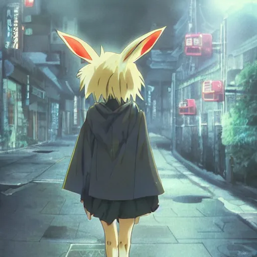 Prompt: screenshot from an anime about eevee wearing wizard robes and wandering an empty street alone, anime, 8 0 s, vhs, vhs effects, art by yuji ikehata