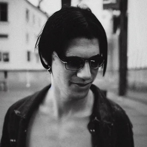 Prompt: softblur portrait of a highschool senior with middle long black hair, shaven face, silver earring, shirtless, he is smirking into the camera for a cover of a gay print magazine, agfa akurit, street photography, lomography, kreuzberg, blurred, skateboard