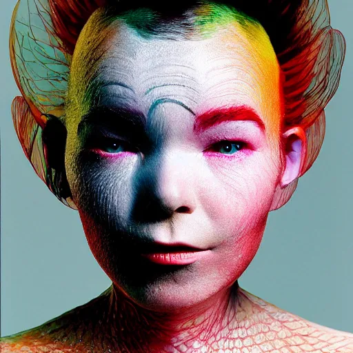 Prompt: photography facial portrait of bjork, natural background,. natural pose, wearing stunning cloth by iris _ van _ herpen, with a colorfull makeup. highly detailed, skin grain detail, photography by paolo roversi, nick knight, helmut newton, avedon, araki