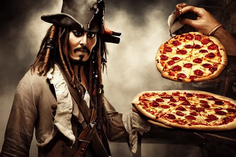 Prompt: Captain Jack Sparrow eating a delicious pizza, studio portrait, dramatic lighting, trending on artstation