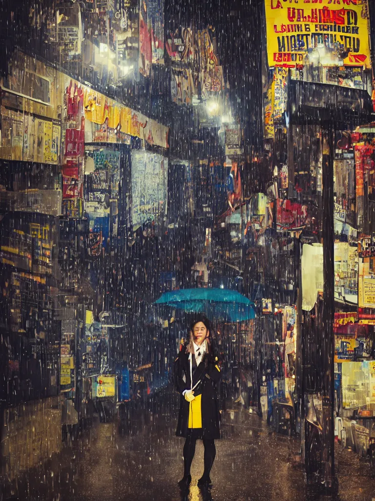 Image similar to night flash portrait photography of a high school girl in uniform on the lower east side by annie leibovitz, colorful, nighttime!, raining!