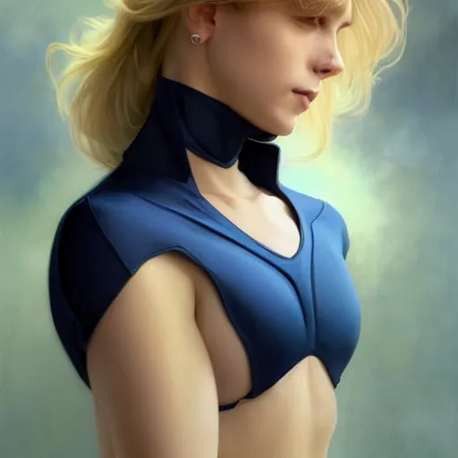 Image similar to a beautiful portrait of a beautiful strong cute young superhero woman, shoulder - length blonde hair, tight solid matte navy blue lycra bodysuit, white cape, body, muscles, intricate, elegant, 8 k, highly detailed, digital painting, concept art, smooth, sharp focus, illustration, by artgerm greg rutkowski alphonse mucha loish wlop