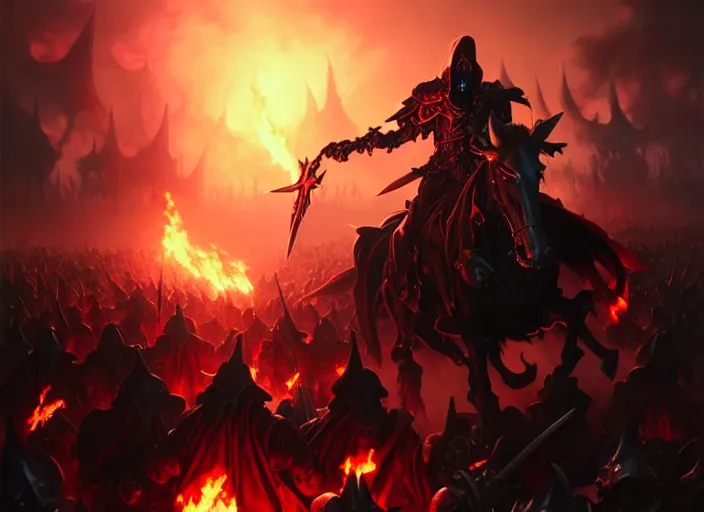 Prompt: ainz ooal gown leading his undead army to battle riding a flaming horse, undead soldiers in background, highly detailed, deep focus, elegant, artstation, digital painting, smooth, sharp focus, illustration, ultra realistic, 8 k, art by artgerm and greg rutkowski and alphonse mucha