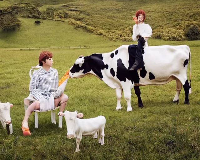 Image similar to incredible absurd nihilistic surreal photoshoot advertisement for dairy products such as milk, people enjoying milk in the style of tim walker, cow farm, vsco film grain