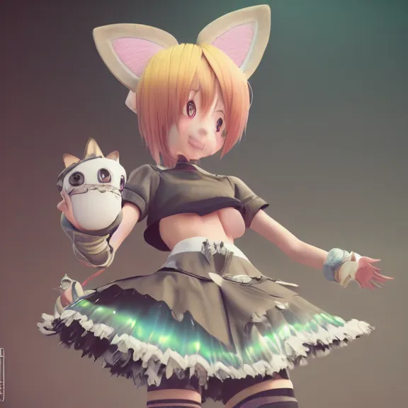 Image similar to 3D render of a cute anime boy with cat ears and tail wearing a skirt, fantasy artwork, fluffy, mid-shot, award winning, hyper detailed, very very very beautiful, studio lighting, artstation, unreal engine, unreal 5, 4k, octane renderer