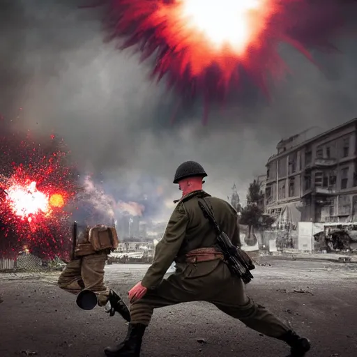 Image similar to world war 2 combat scene in city with explosions, photography style