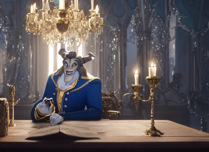 Prompt: film still of Lumiere as an office manager watching over the staff in the new Beauty and the beast movie, 4k