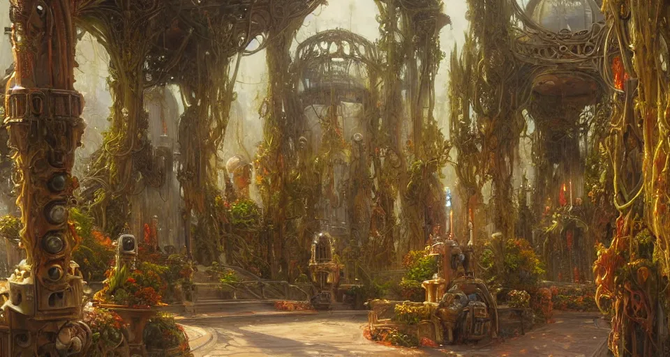 Prompt: an oil painting by donato giancola, warm coloured, cinematic scifi luxurious futuristic foggy biomechanical victorian garden courtyard with bulbous alien floral fungi cactus growing out of pretty ceramic baroque fountains, gigantic pillars, beeple, halo, star wars, ilm, star citizen, halo, mass effect, artstation, atmospheric perspective