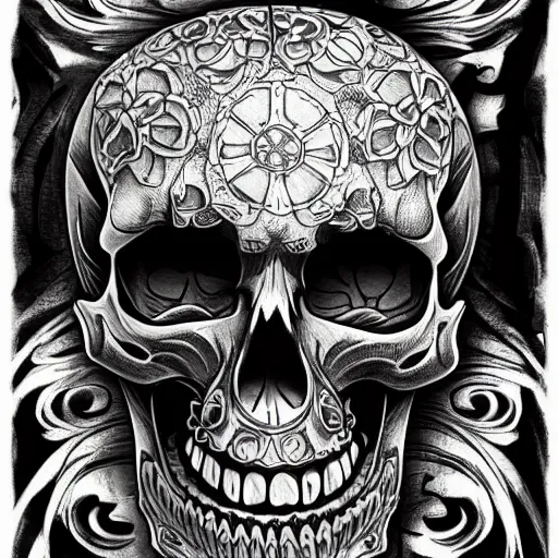 Image similar to highly detailed skull, Japanese style, tattoo ink sketch, isolated on white background