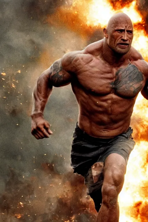 Prompt: An epic cinematic film still of Dwayne Johnson running away from a massive explosion.