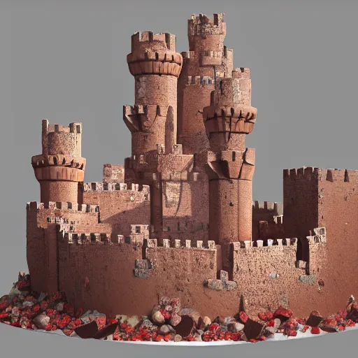 Image similar to Castles made of cake, on jagged chocolate mountains, near a strawberry smoothie river, highly detailed, 8k octane render