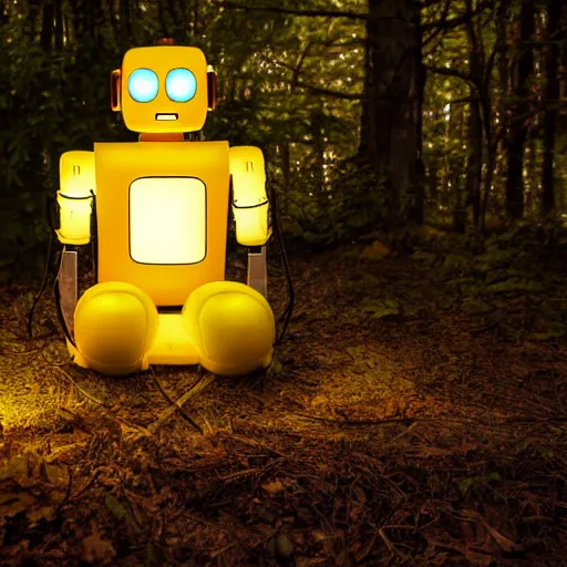 Prompt: translucent robot sitting by a fire in the woods at night, whimsical, award winning photograph, sigma 8 5 mm f / 8, hyper - realistic