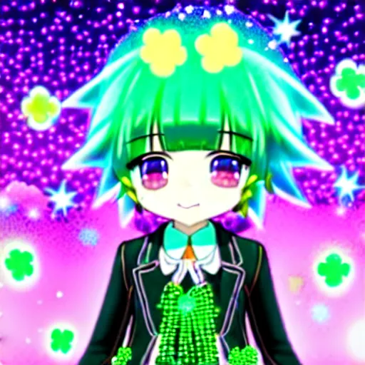 Image similar to a hologram of moe styled green haired yotsuba koiwai crossed fingers, wearing a gothic lolita decora spiked jacket, background full of lucky clovers and shinning stars, holography, irridescent