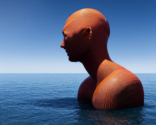 Image similar to a long shot of a giant award winning sculpture of a human head made out of inflatable toys on the surface of the ocean, in the style of chad knight, hyper detailed, hyper realistic, ray tracing, 8 k resolution, sharp focus, realistic water