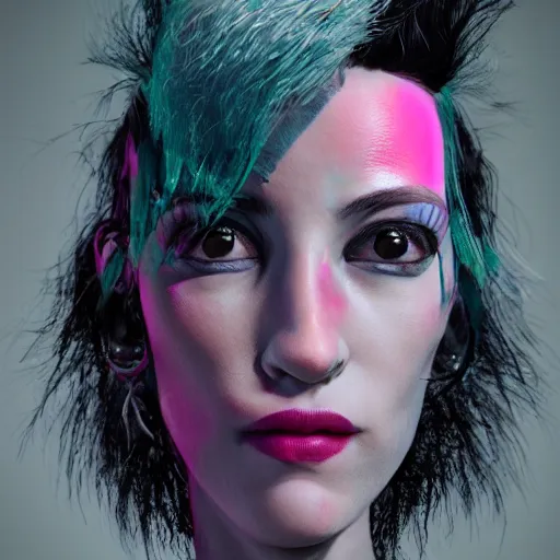 Image similar to punk women portrait made out of paint, short hair, octane render, highly detailed, realistic, tim burton and bob ross comic book art, matte painting, holographic, trending on artstation, cinematic, splashes of neon