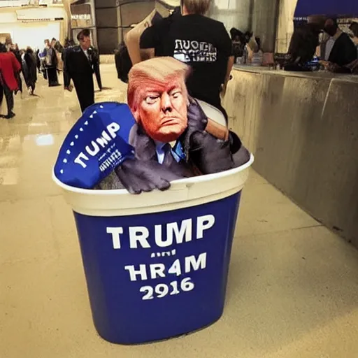 Prompt: trump hiding in a trash can, the lid slightly open