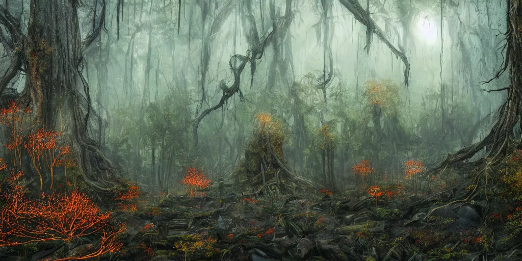 Prompt: ancient neurons with yellow and red glowing synapses running through the forest, the trees are sentient and angry, jungle mountains in the background with huge incredibly immense trees, highly detailed, hyperrealism, trending on art station, ancient forest like fanal forest or fangorn forest, misty forest, realistic painting, sharp image, hyper realistic art, highly detailed leaves, cinematic